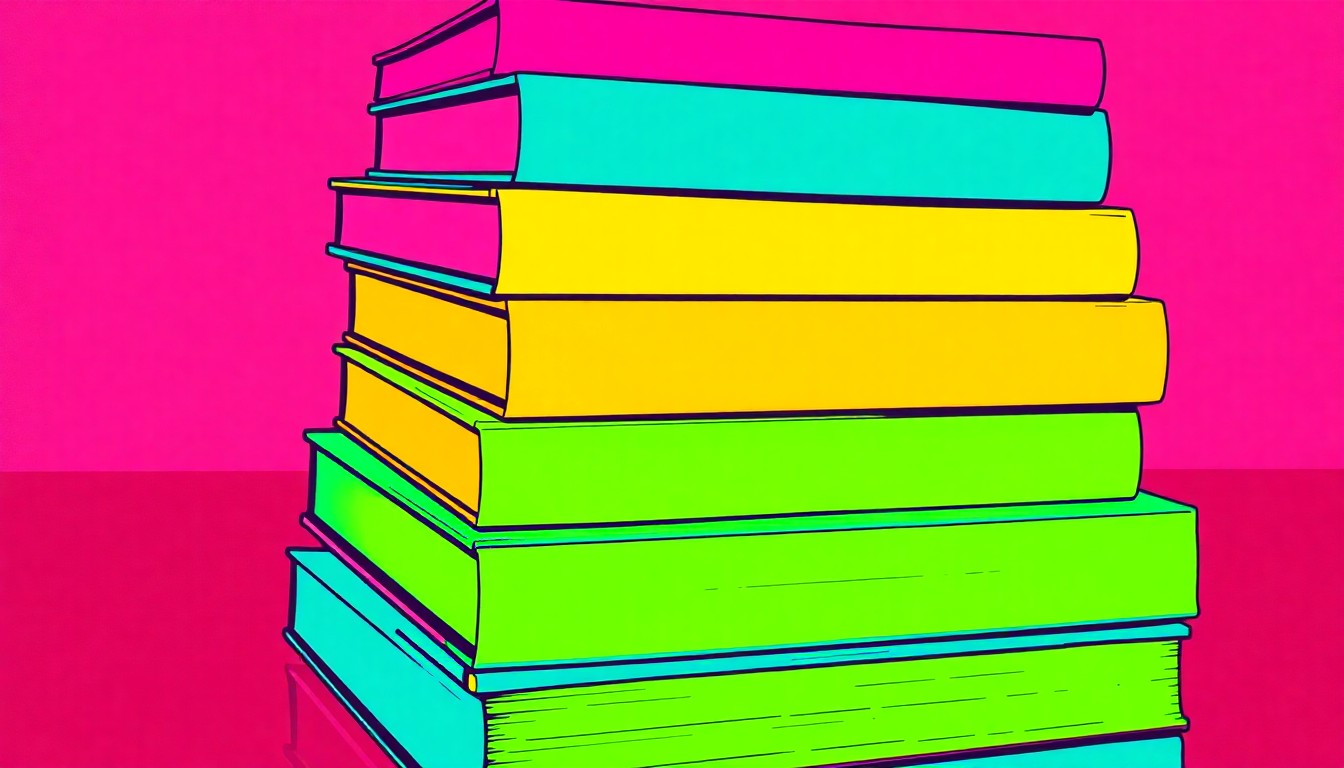 A brightly colored, high-contrast silkscreen print of a stack of books rendered in vibrant neon hues, conceptually representing the closure and relocation of the State Library of Ohio.