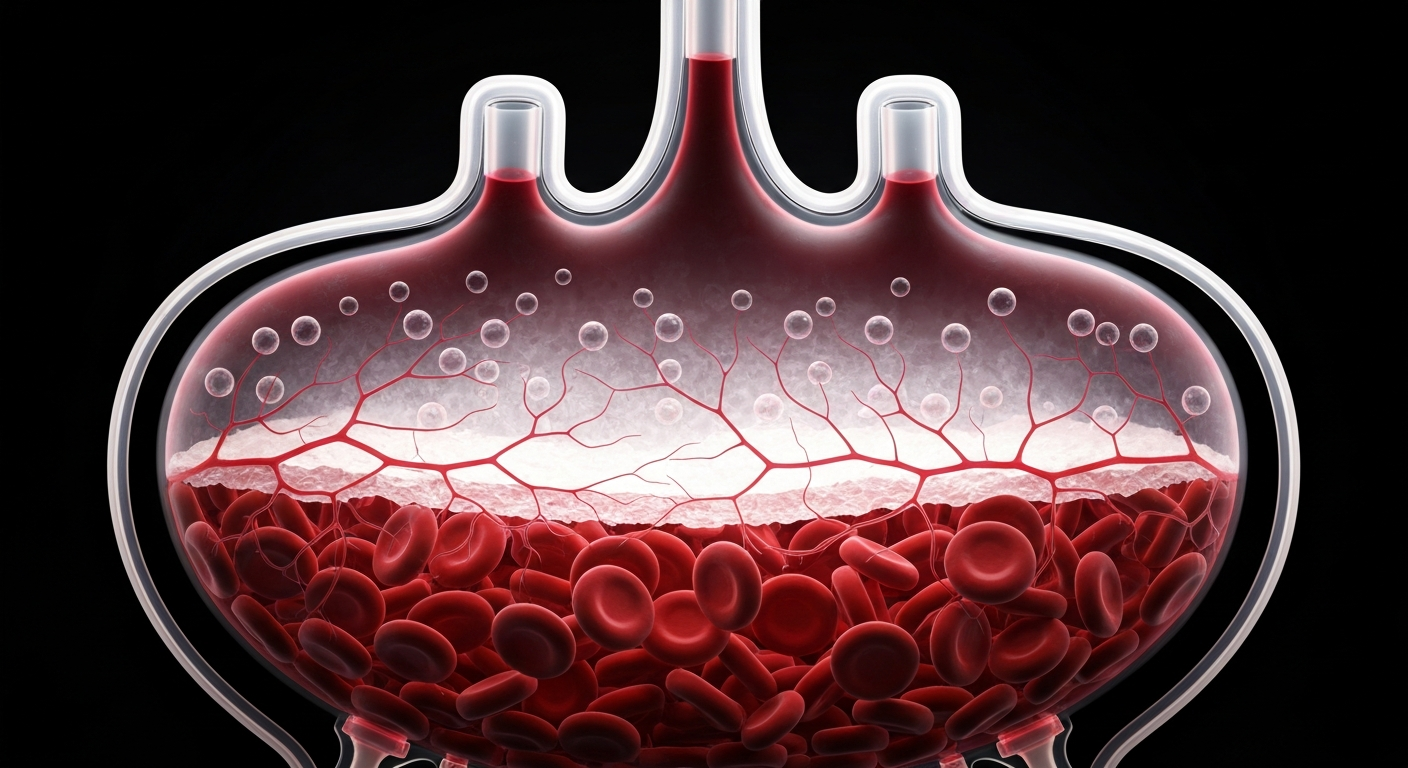A ghostly, translucent X-ray image of a blood bag, its internal structure revealed in glowing lines against a dark background, conceptually representing the critical importance of blood in emergency medical care.