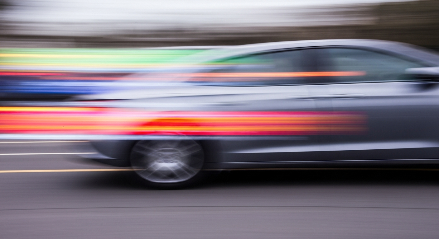 An abstract, colorful image with sweeping, blurred lines representing the motion of an electric vehicle, conveying the industry's pivot from EVs to energy storage systems.