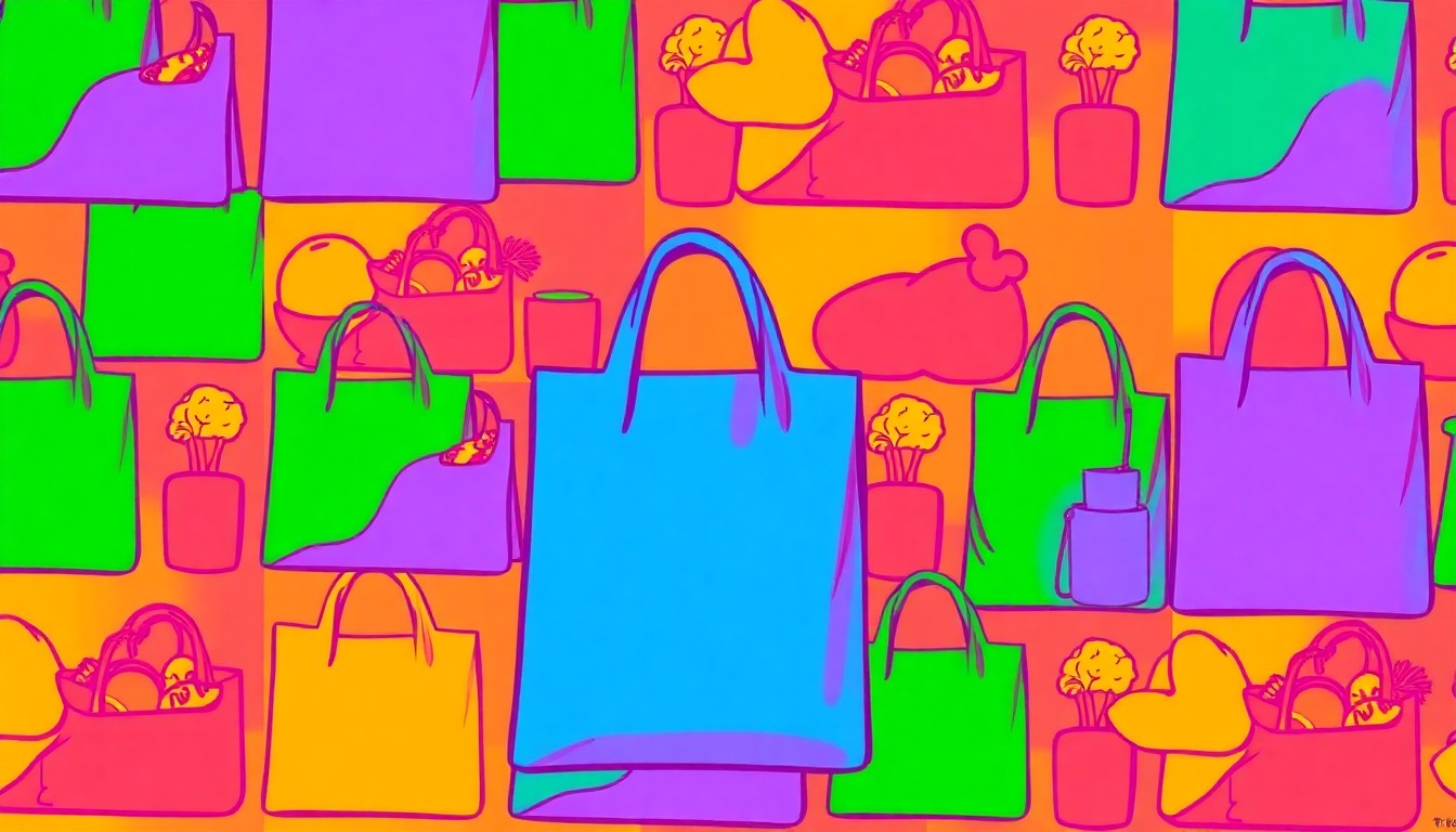 A brightly colored, high-contrast silkscreen print of reusable grocery bags in a repeating grid pattern, conceptually representing the community-driven values and sustainable products of a long-running natural foods cooperative.