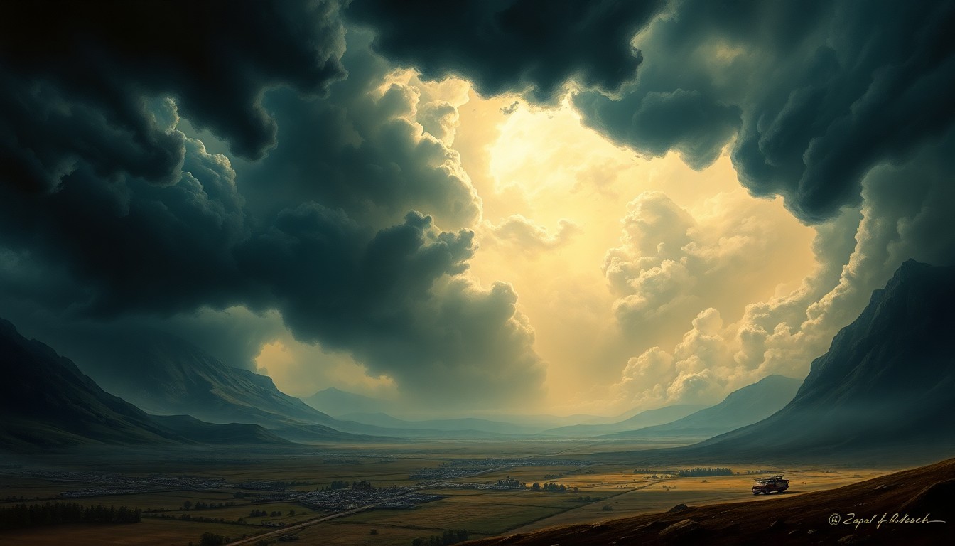 A vast, atmospheric landscape painting in muted tones of grey, blue, and green, with a small town or emergency vehicles barely visible in the distance, dwarfed by the looming presence of an impending storm.