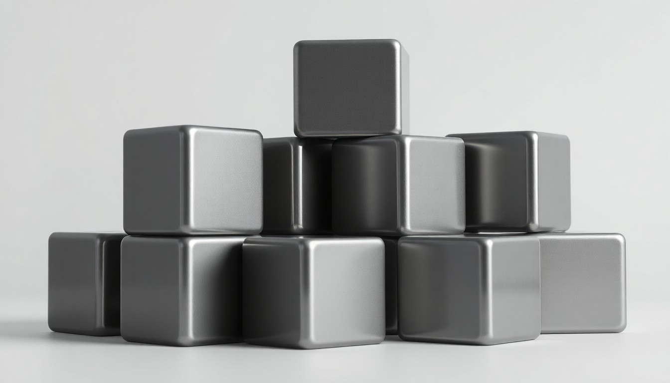 A minimalist, photorealistic studio still-life featuring a stack of premium, polished metal cubes in shades of silver and charcoal gray, conceptually representing the abstract financial performance and market positioning of the enterprise software company Pegasystems.