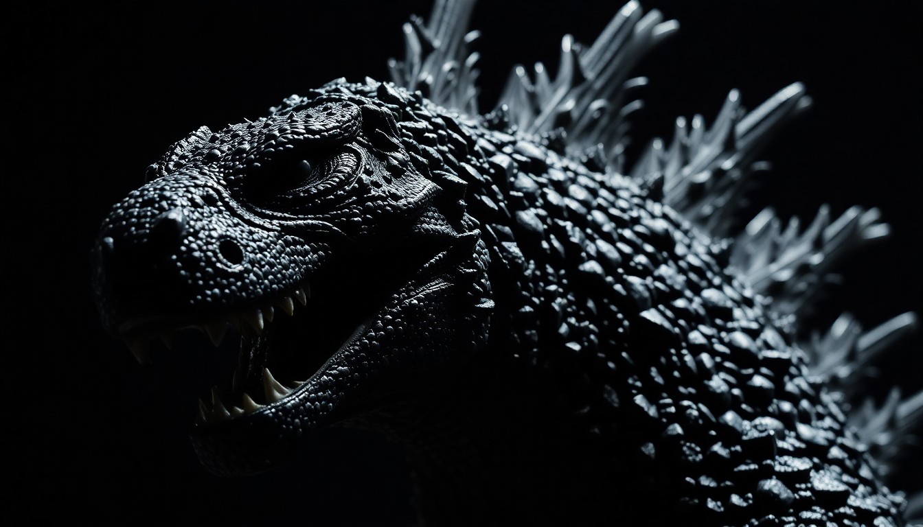 An extreme close-up of Godzilla's textured, reptilian skin, captured in dramatic, high-contrast lighting to create a glitzy, high-fashion aesthetic, conceptually representing the visual spectacle of the upcoming 'Godzilla Minus Zero' film.