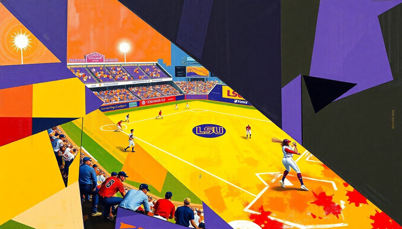 A fractured, geometric painting depicting the dynamic energy and competition of a softball game, with overlapping planes of vibrant purple, gold, vermilion, and white colors representing the rival teams.