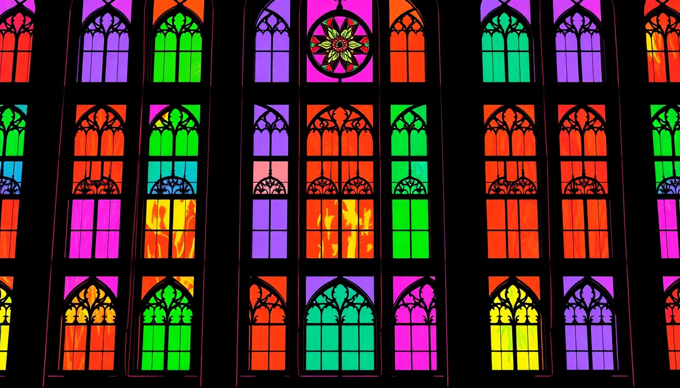 A highly stylized, abstract silkscreen print featuring repeating patterns of a stained glass window in bold, neon colors, conceptually representing the transformation of a historic church into a modern arts space.