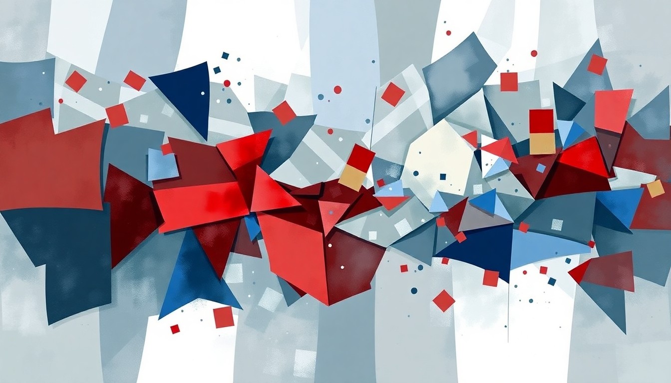 A dynamic, fragmented painting of a ballot box in shades of blue, grey, and red, capturing the complex and chaotic nature of the election recount process.