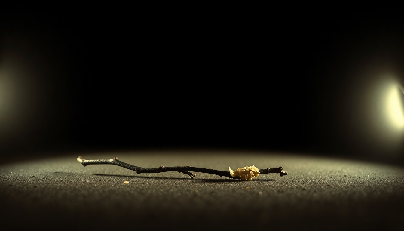 An extreme close-up photograph of a single piece of crime scene evidence, such as a broken twig or a discarded item, lit by a harsh, direct camera flash against a pitch-black background, conceptually representing the investigation into the discovery of an unidentified body.