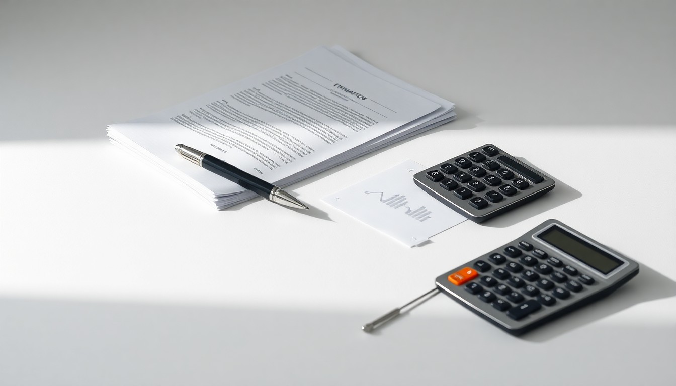 A minimalist studio still life photograph featuring a stack of financial documents, a pen, and a calculator arranged on a clean white background, conveying a sense of corporate strategy and finance.