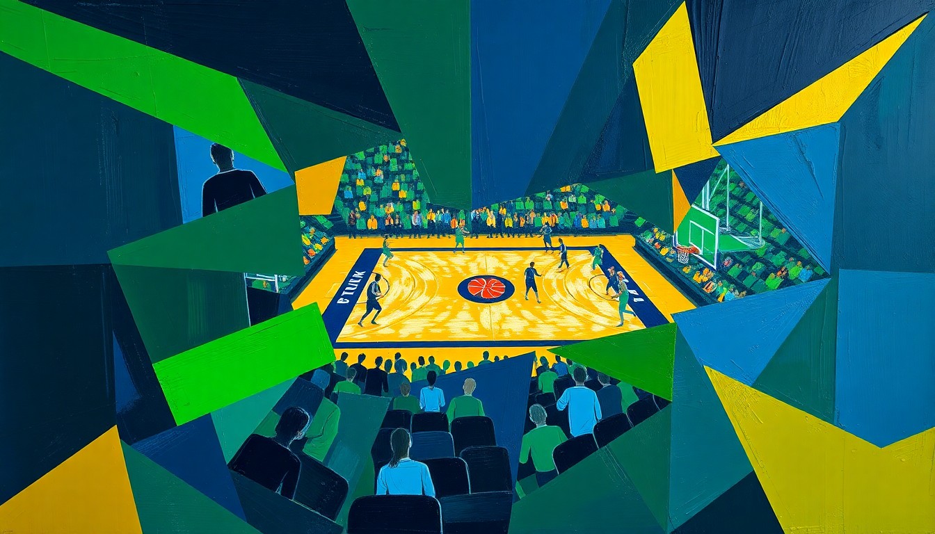 A cubist-style painting featuring overlapping geometric shapes in navy, green, and gold, conceptually representing the dynamic and multifaceted nature of a women's basketball game.