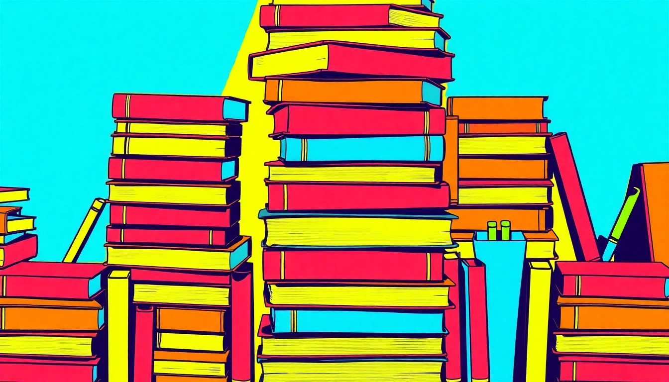 A highly stylized, abstract grid of brightly colored school supplies and textbooks, rendered in a bold, pop art aesthetic to conceptually represent the importance of public education in the Akron community.