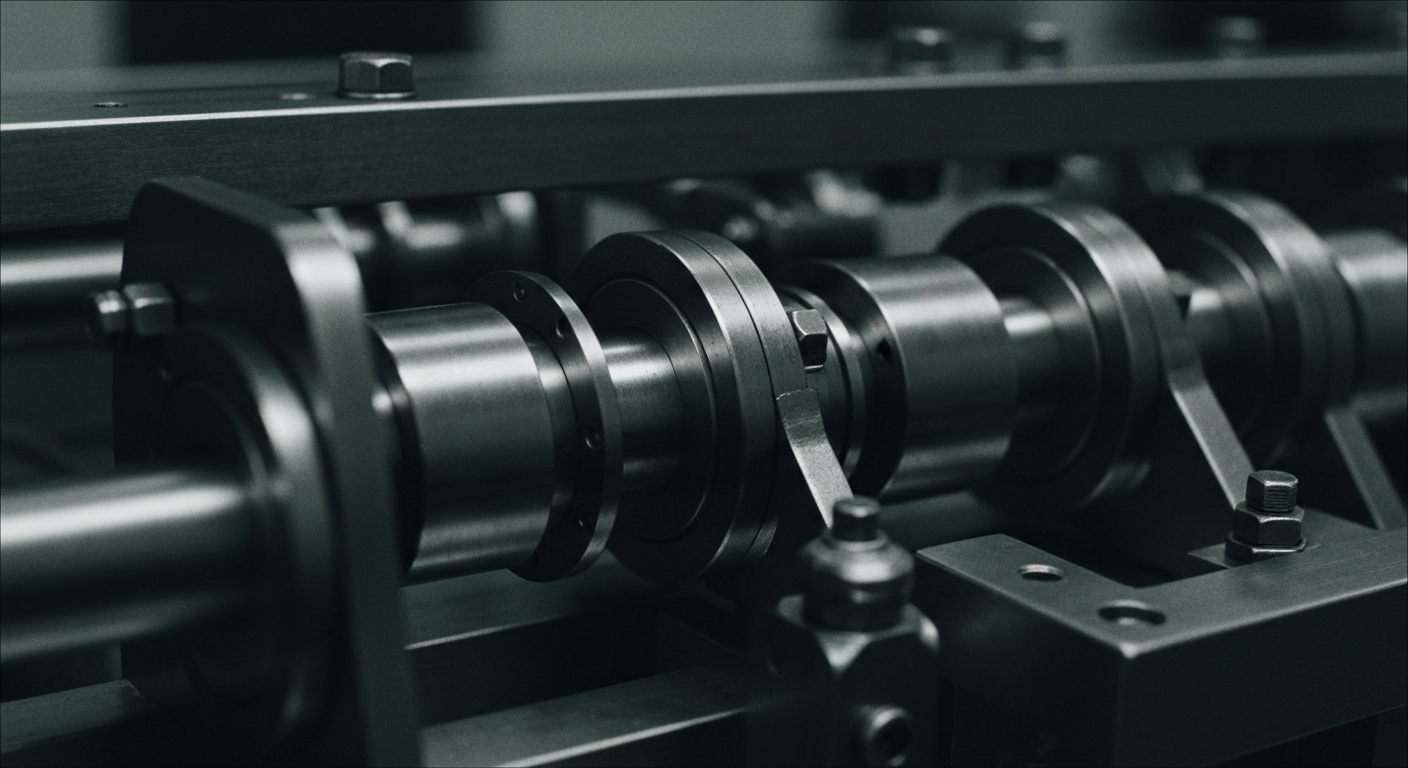 A high-contrast, cinematic close-up image of the complex machinery and precision components that make up Corning's advanced manufacturing processes, conveying the company's technological prowess and industrial might.
