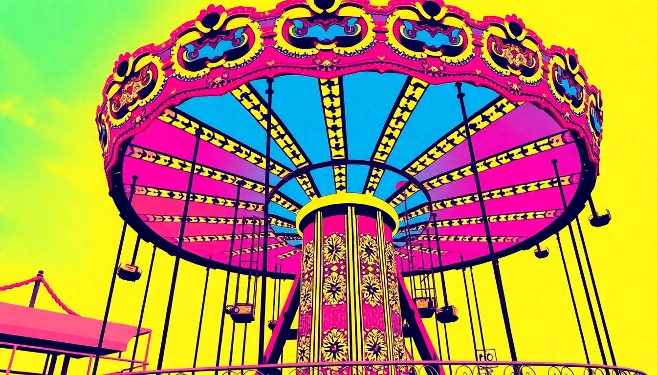 A brightly colored, high-contrast silkscreen print of a carnival ride, such as a Ferris wheel or merry-go-round, repeated in a tight grid pattern, utilizing flat, vibrant, and unnatural neon color palettes overlapping with heavy black photographic outlines to turn an everyday carnival attraction into modern pop art.