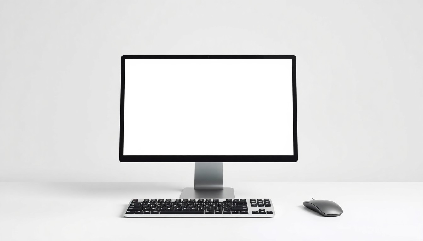 A photorealistic studio still life featuring a sleek, modern computer monitor and keyboard on a clean, monochromatic background, symbolizing the abstract corporate technology and finance themes of the story.