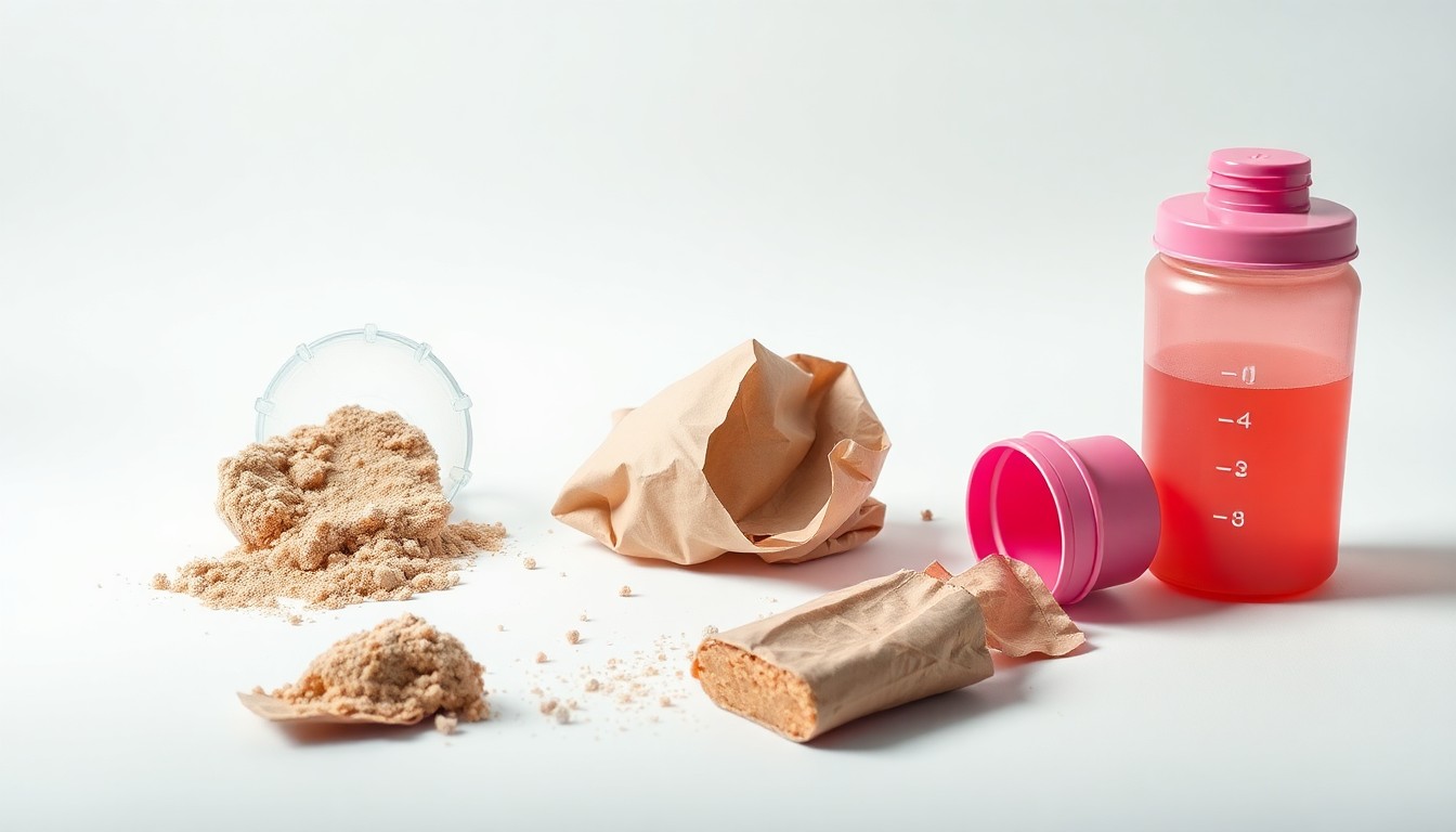 A photorealistic studio still life featuring broken protein powder containers, wrappers, and shaker bottles arranged on a clean white background, conceptually representing the corporate strategy and financial issues behind a failed product expansion.