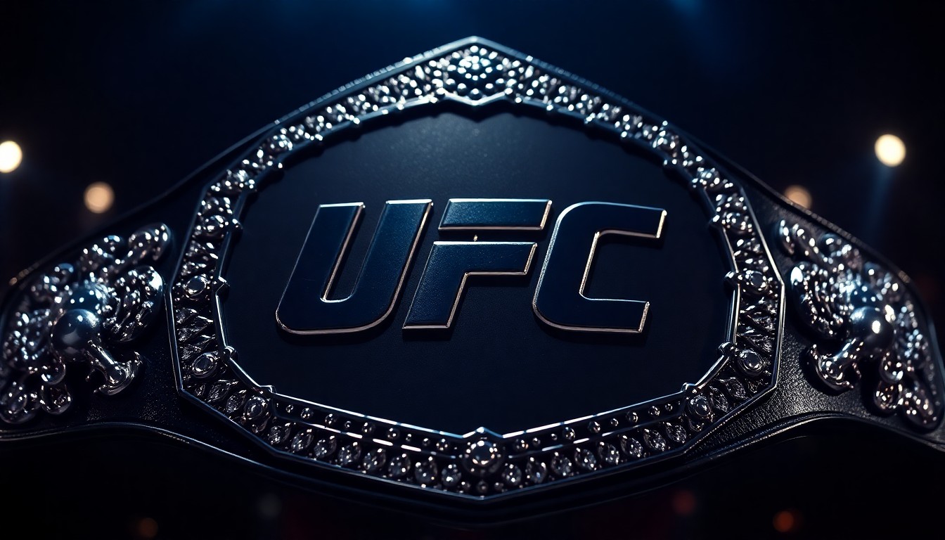 An extreme close-up photograph of a shiny, metallic UFC championship belt captured in dramatic high-contrast studio lighting, conceptually representing the glamour and spectacle of the UFC event where the controversial encounter took place.