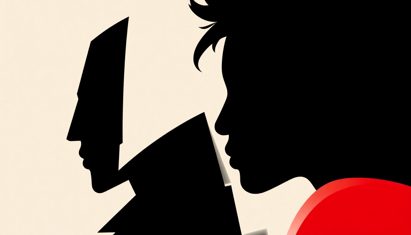 A bold, abstract composition of stark black silhouettes and geometric shapes in high-contrast red and white, conceptually representing the themes of self-expression and artistic identity explored in the 'Self-Made' exhibition.