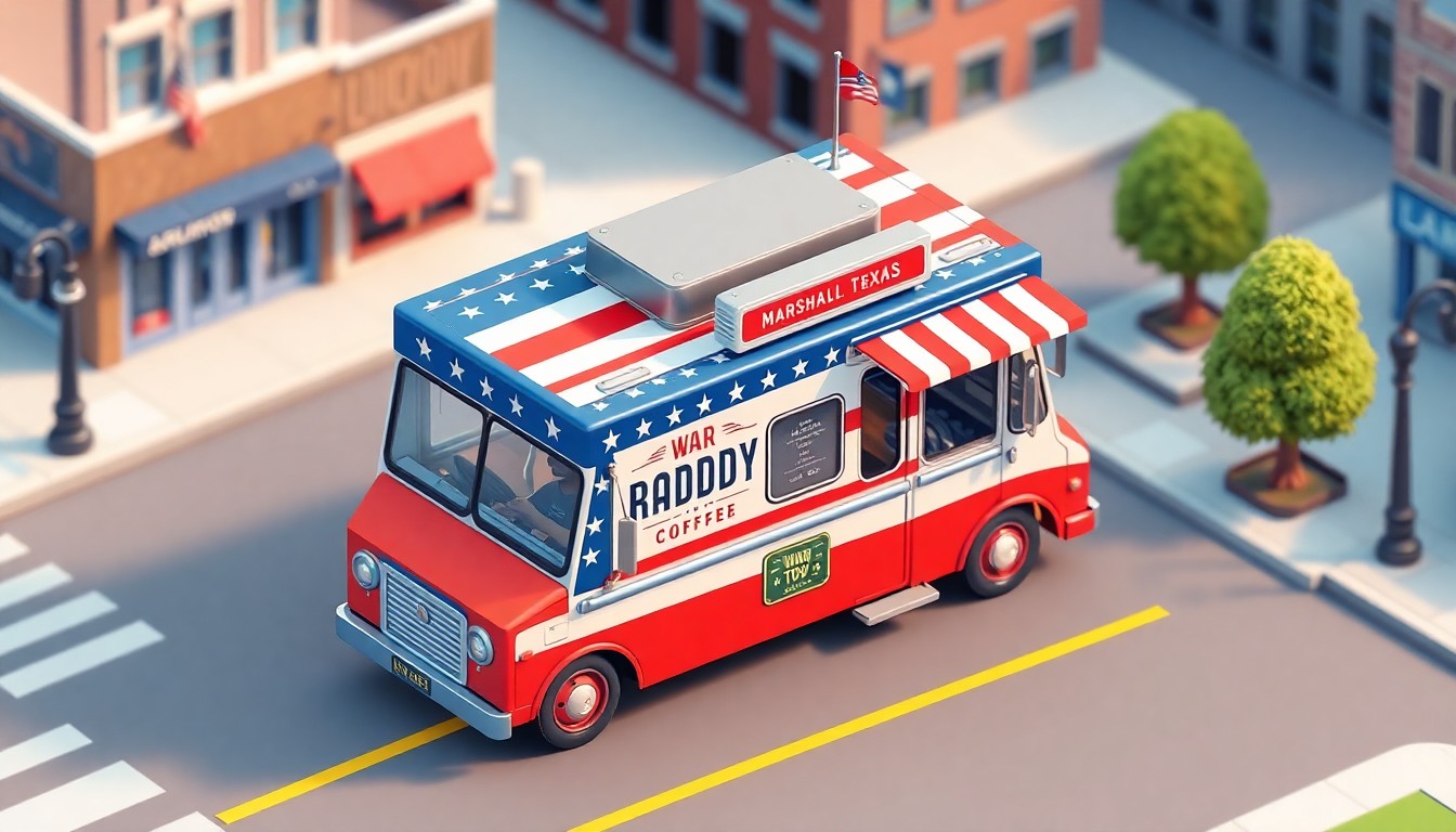 An isometric 3D digital illustration depicting a small, brightly colored coffee truck parked on a city street, representing the veteran-owned War Daddy Coffee business in Marshall, Texas.
