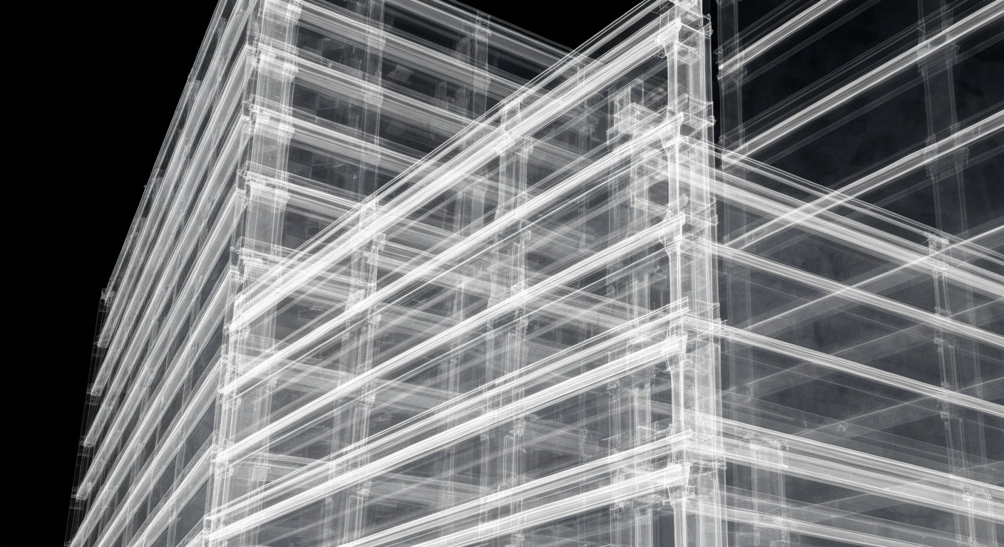 An abstract X-ray-style image revealing the complex internal structure of a hospital building, conveying the technical and medical nature of the story.