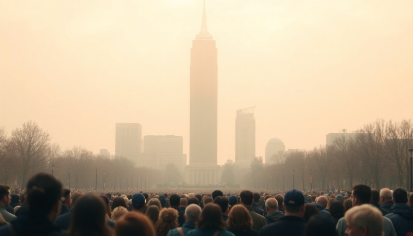 A blurred, impressionistic photograph showing a crowd of people gathered around a memorial, with the iconic Hancock Tower visible in the background, conveying a sense of community and reflection.