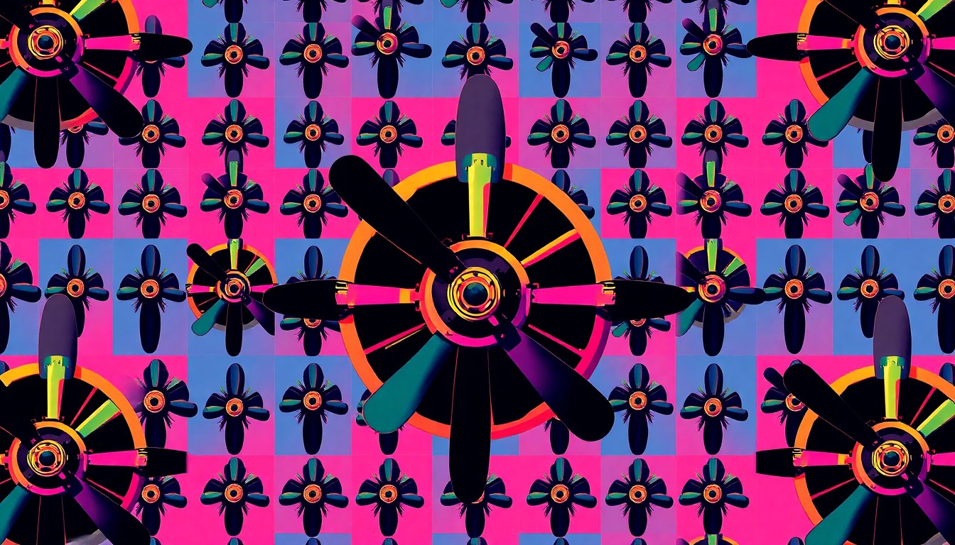 A high-contrast, silkscreen-style illustration of an aircraft propeller repeated in a grid of vibrant neon colors, conceptually representing the technical skills students will develop in Charlotte High's new aviation maintenance program.
