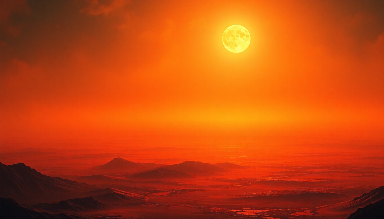 A vast, atmospheric landscape painting depicting a scorching, hazy horizon under a blazing sun, conveying the overwhelming, sublime scale of the heat wave through dramatic lighting and deep perspective.