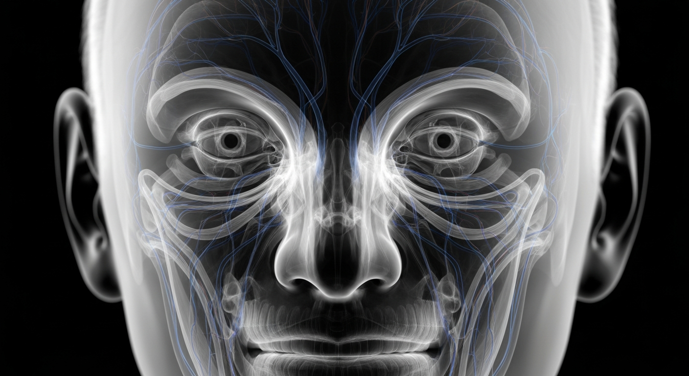A translucent X-ray photograph revealing the intricate bone, muscle, and vascular structures of a human face, conceptually illustrating the complex skin health needs of Las Vegas residents.