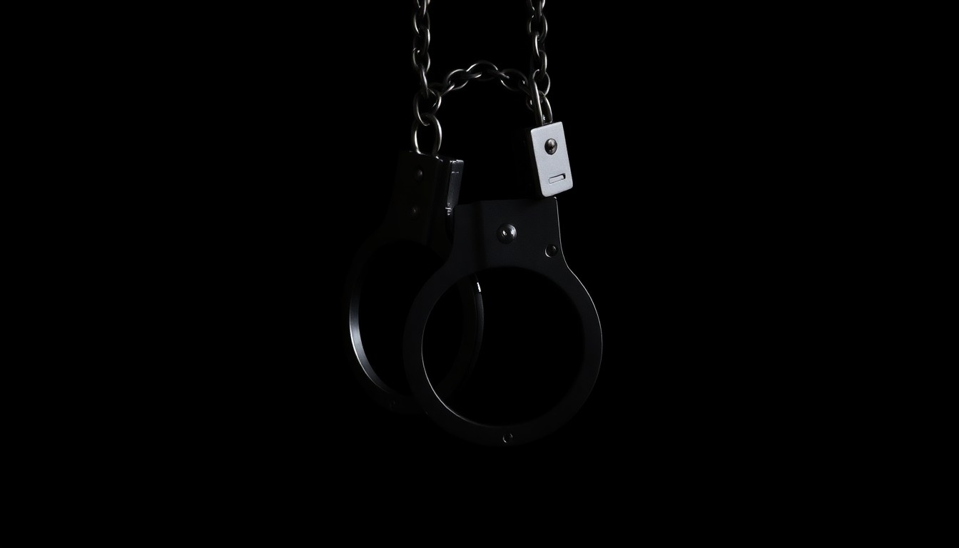An extreme close-up photograph of a pair of handcuffs against a pitch-black background, lit by a harsh, direct camera flash, conceptually representing the serious allegations in a child exploitation case.