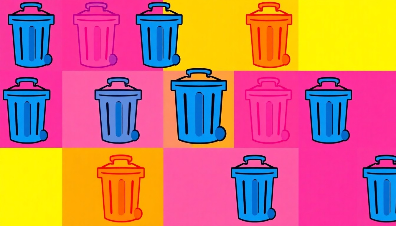 A bold, colorful silkscreen print featuring a repeating pattern of a stylized trash can icon in neon shades of green, pink, and blue, conceptually representing the city's spring clean-up initiative.