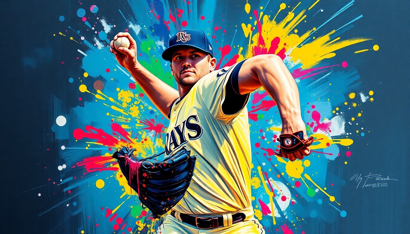 An abstract, expressionist painting in vibrant neon colors depicting the powerful pitching motion of a baseball player, with the details of the player's face and uniform dissolving into energetic brushstrokes, capturing the raw emotion and intensity of the moment.