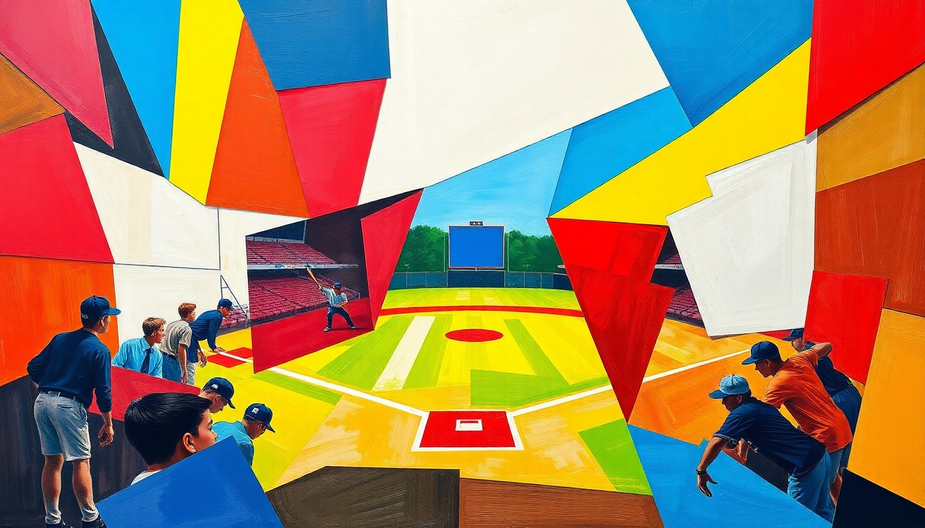A cubist, geometric painting depicting a high school softball game, with overlapping planes of bright red, blue, and yellow shapes representing the dynamic action on the field.