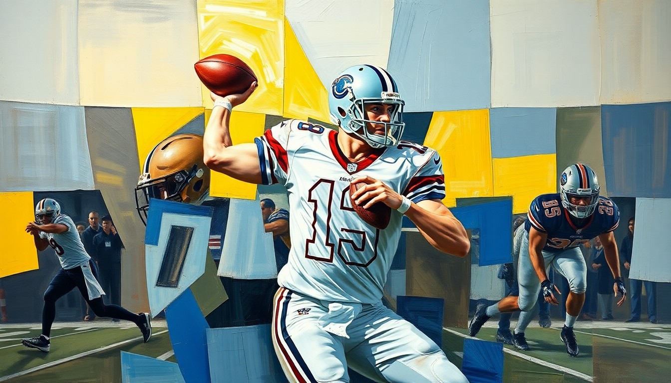 A fragmented, geometric painting depicting the fluid movements of a college football quarterback, with sharp planes of color and form representing the multifaceted nature of the sport and the player's development.