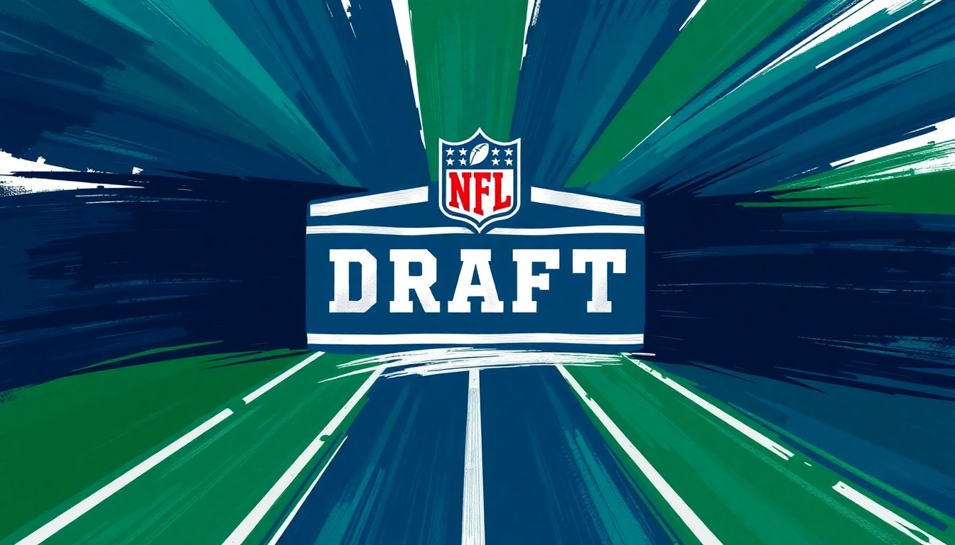 A vibrant, abstract painting featuring sweeping brushstrokes in navy, green, and silver, conveying the dynamic energy and uncertainty of the NFL Draft.