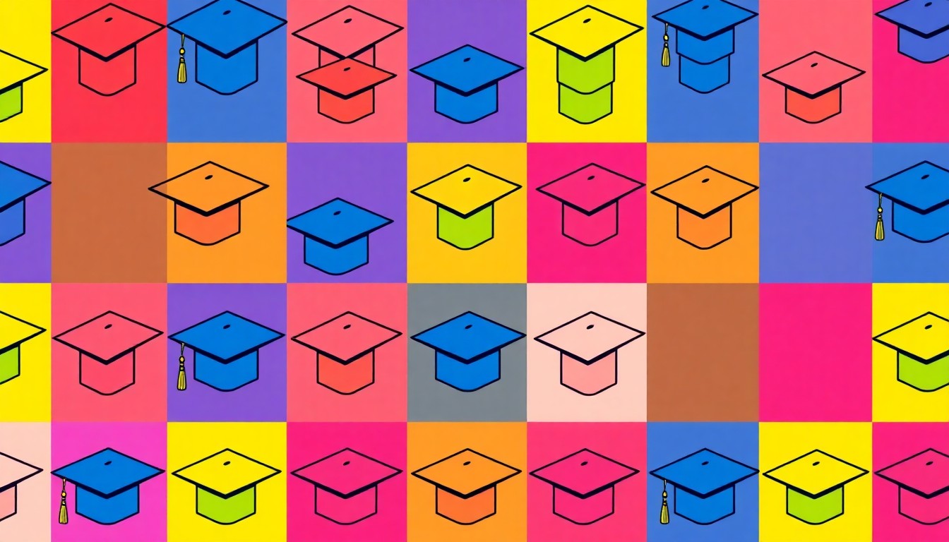 A bold, colorful silkscreen-style illustration featuring a repeated icon of a graduation cap, conveying the idea of academic achievement and community service.
