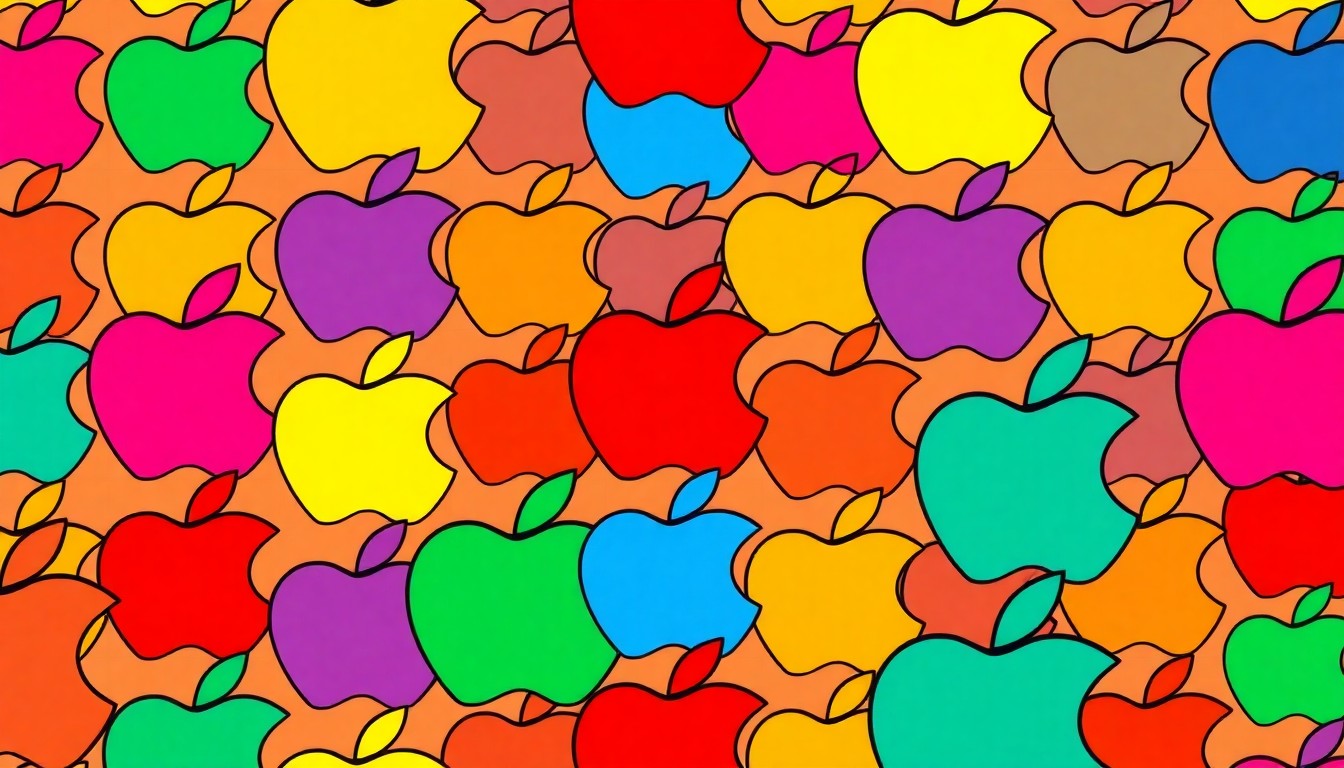 A bold, graphic illustration featuring a repeating pattern of a stylized Apple logo in a grid, rendered in a high-contrast, neon color palette that evokes the energy and creativity of the technology industry.
