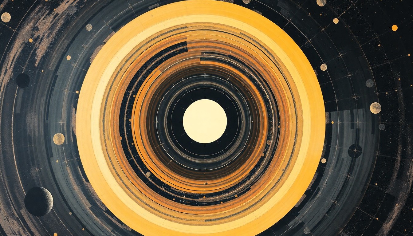 A bold, abstract painting in soft blues, greens, and grays depicting sweeping geometric arcs, concentric circles, and precise spirals, conceptually representing the complex scientific forces and challenges involved in NASA's plans for a permanent moon base.