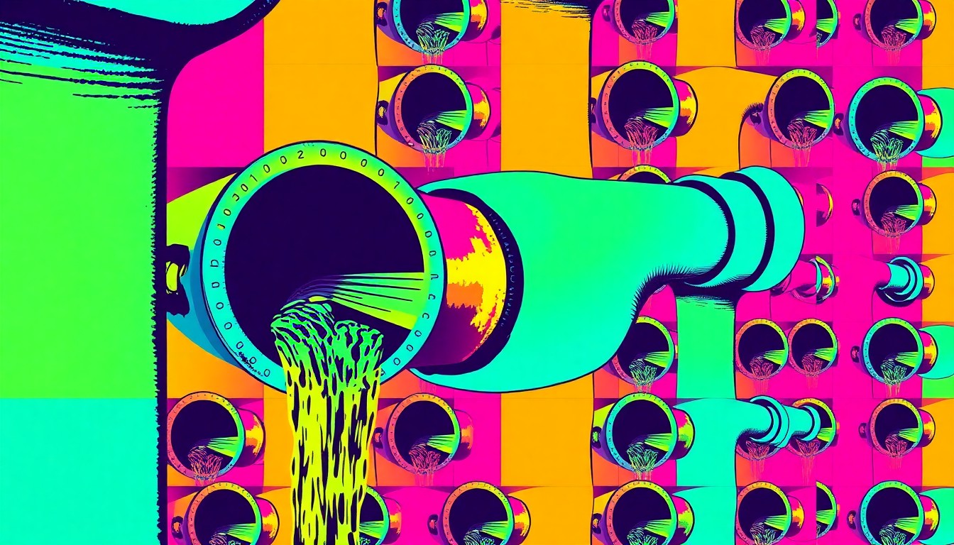 A highly stylized, abstract silkscreen print depicting a sewage pipe repeatedly spewing waste in a grid of bright, unnatural colors and heavy black outlines, conceptually representing the issue of sewage sludge disposal.