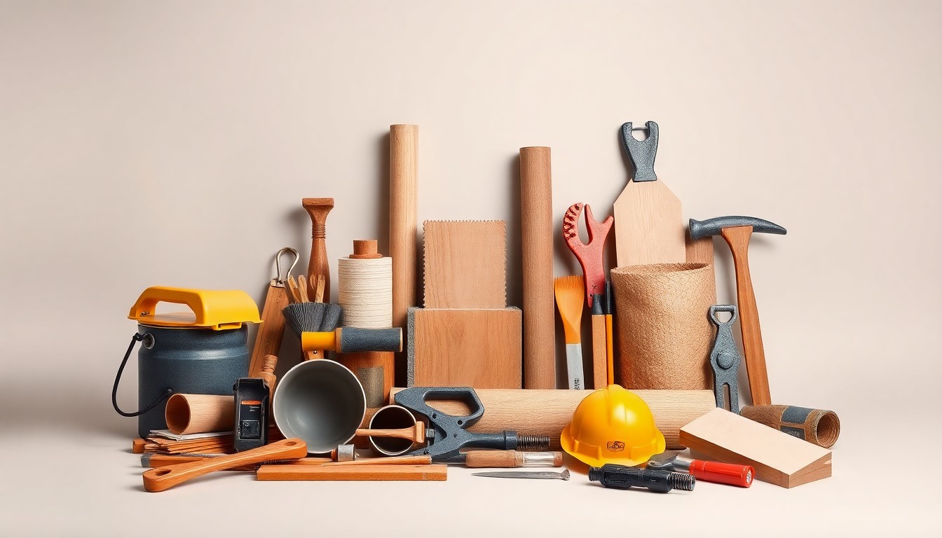 A minimalist studio still life featuring a collection of premium building materials and construction tools arranged elegantly on a clean, monochromatic background, conceptually representing the legacy of Ken Daniel's Midway Wholesale company.