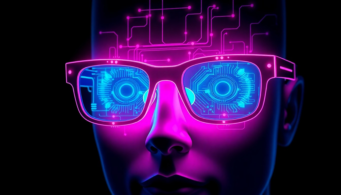 A highly detailed, glowing 3D illustration of a pair of smart glasses with luminous cyan and magenta circuitry, representing the advanced digital infrastructure powering facial recognition capabilities.
