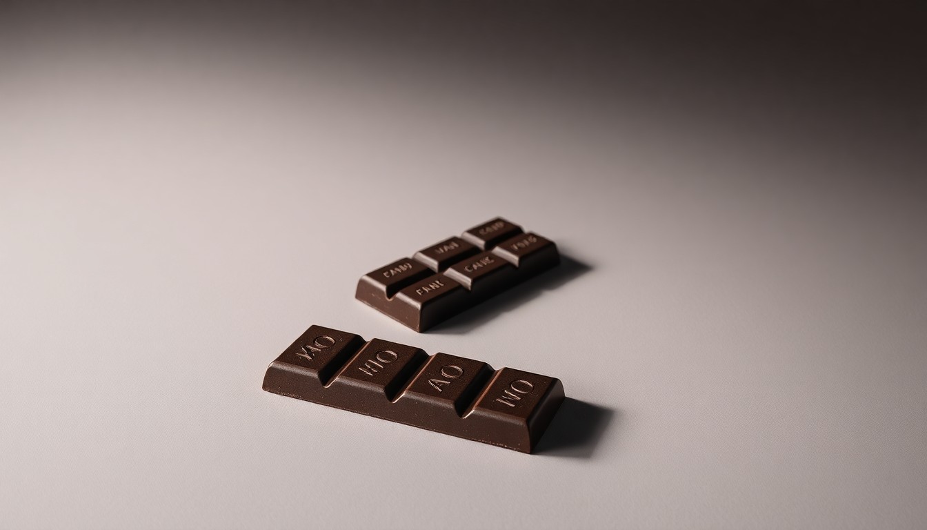 A close-up photograph of a single dark chocolate bar with intricate cocoa bean textures and a subtle sheen, resting on a clean, monochromatic background and illuminated by dramatic studio lighting, conceptually representing the delicate balance of global trade and local business.