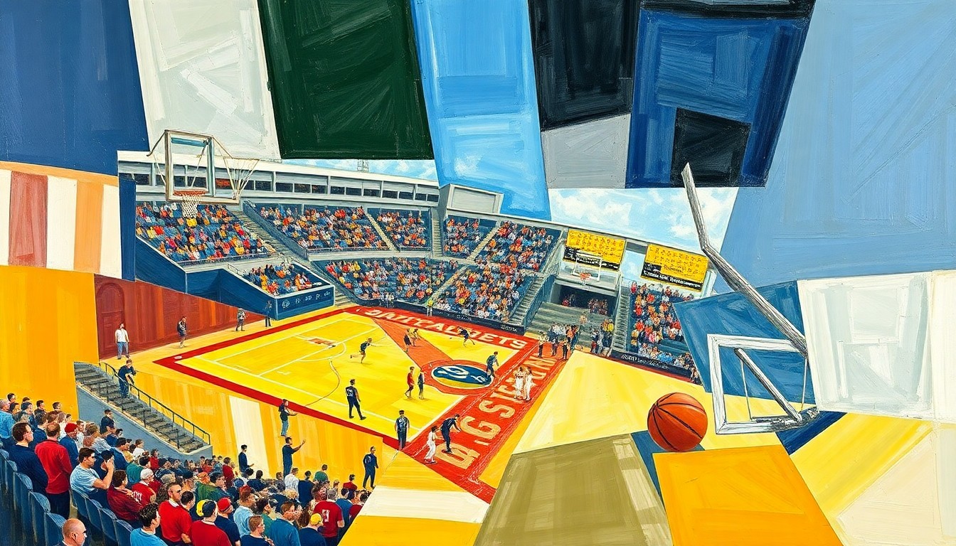 A fragmented, cubist-style painting depicting a college sports competition, with players and equipment broken down into sharp, angular geometric shapes and planes of color.