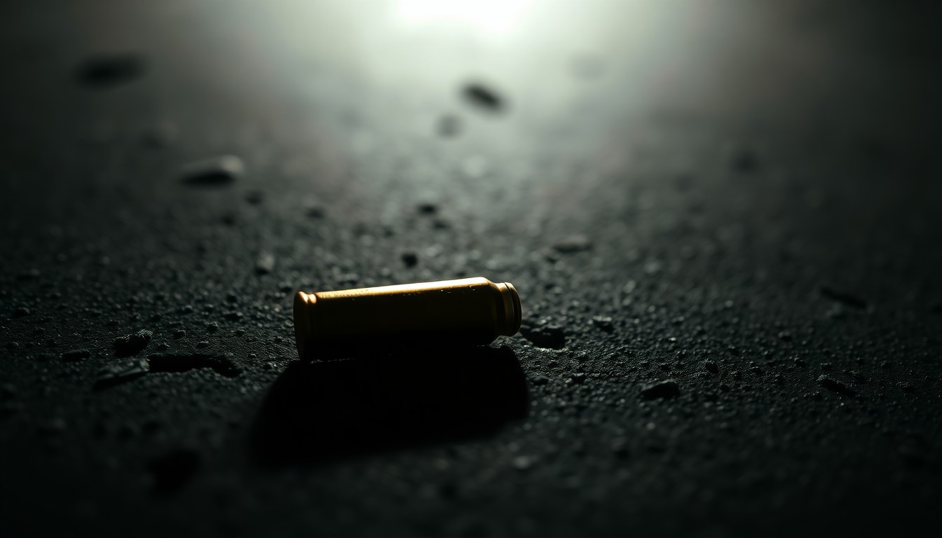 An extreme close-up of a single spent bullet casing on a dark concrete surface, conceptually illustrating the investigation into a police shooting incident.