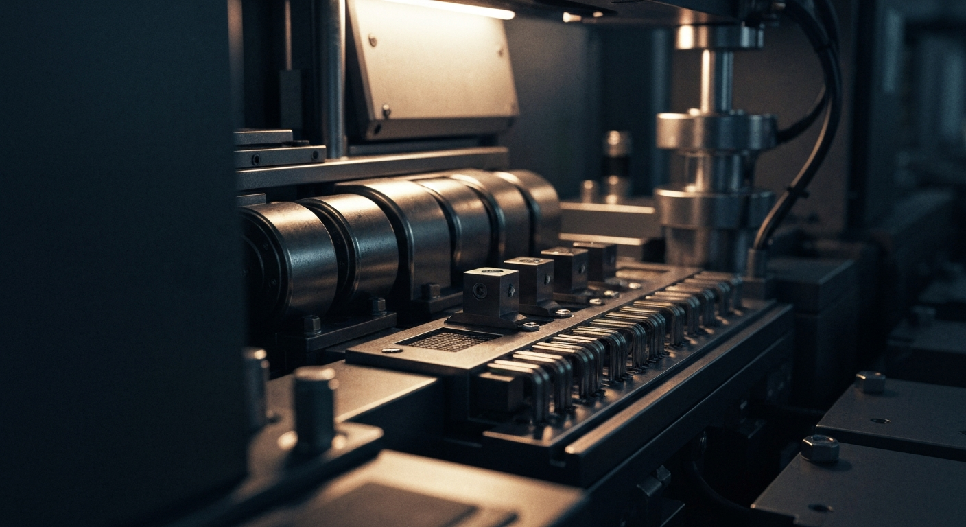 An extreme close-up of highly engineered semiconductor manufacturing equipment, its intricate components and surfaces rendered in dramatic chiaroscuro lighting, conveying the complex financial machinery powering the global tech industry.