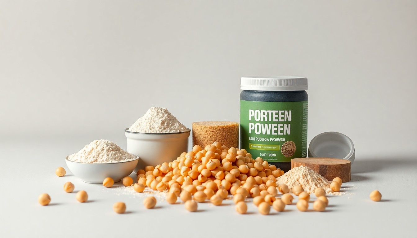 A minimalist studio still life photograph featuring a collection of premium, polished chickpea protein powder, isolate, and extract samples arranged elegantly on a clean, monochromatic background, conceptually representing the functional performance and supply chain scaling of this emerging plant-based ingredient.