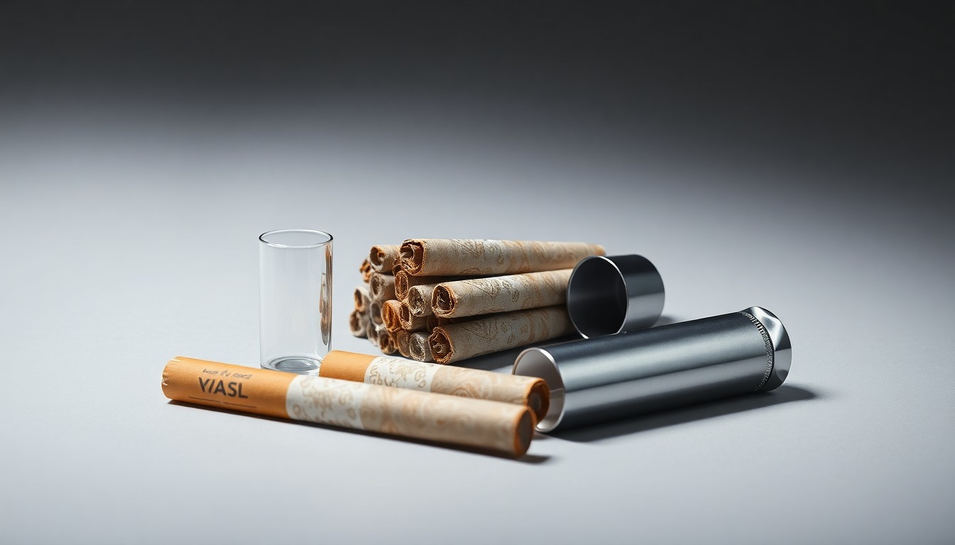 A minimalist studio still life featuring a glass pre-roll filter tip, a bundle of pre-rolled cannabis joints, and a sleek metal pre-roll packaging tube, all arranged elegantly on a clean, monochromatic background to represent the abstract concepts of quality, innovation, and brand identity in the maturing pre-roll market.