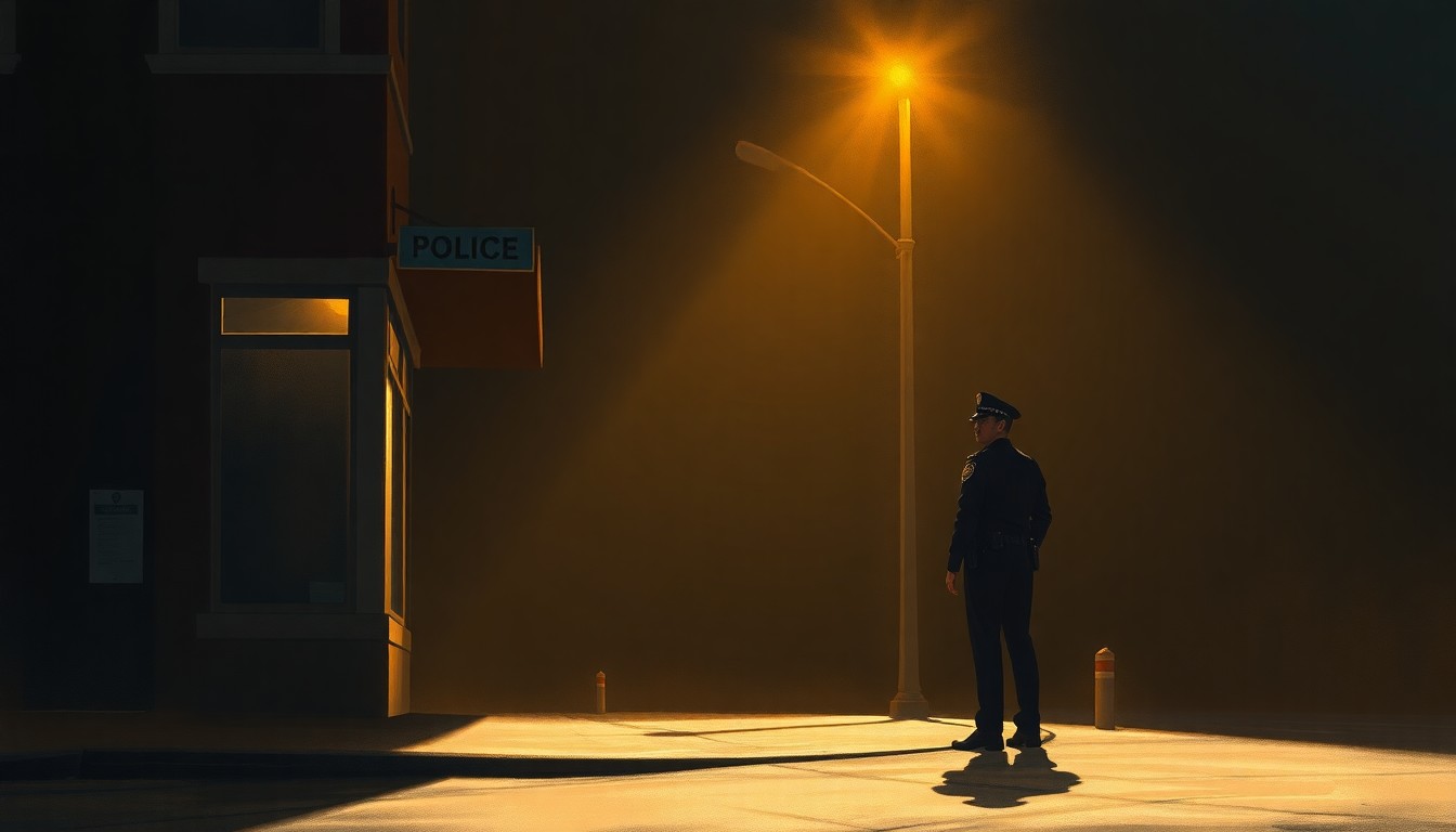 A moody, cinematic painting depicting a lone police officer standing on a dimly lit street corner in downtown Sioux Falls, the officer's figure bathed in warm, diagonal sunlight and deep shadows, conceptually representing the complex public safety challenges facing the city.