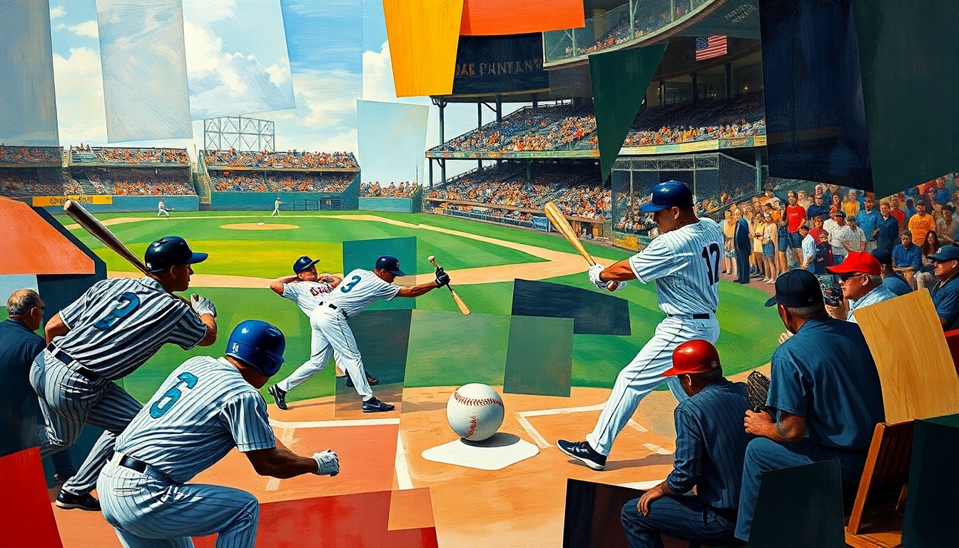 A cubist-style painting depicting a baseball game in motion, with players, bats, and a ball broken down into sharp, overlapping geometric shapes and planes of color, conveying the dynamic energy of the game.