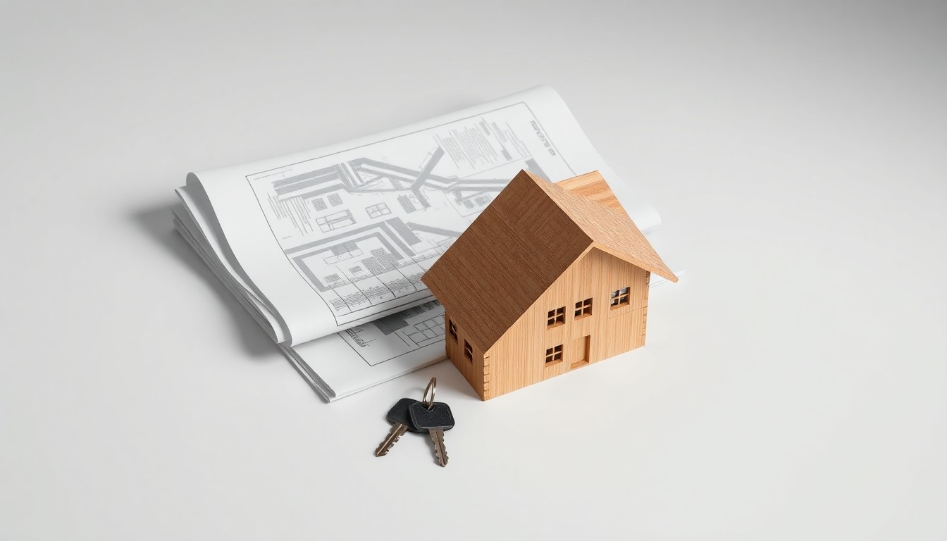 A minimalist studio still life featuring architectural blueprints, house keys, and a wooden model home, symbolizing the planning and development of affordable housing initiatives.