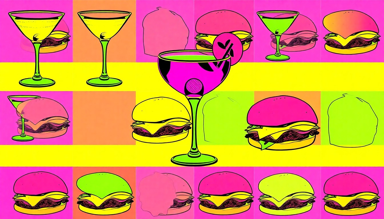 A vibrant, high-contrast silkscreen print of a gourmet sandwich, repeated in a grid pattern with bold neon colors and heavy black outlines, conceptually representing the playful and elevated cuisine at the new Golden Child rooftop.