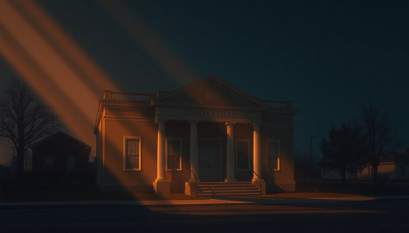 A serene, photorealistic painting of a county courthouse building with warm, golden sunlight streaming through the windows and casting deep shadows across the facade, capturing a sense of quiet civic dignity and endurance.