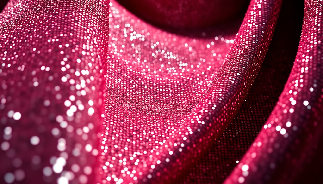 An extreme close-up photograph of a shimmering, sequined fabric texture captured in dramatic high-contrast studio lighting, conceptually representing the glamour and luxury of celebrity red carpet fashion.